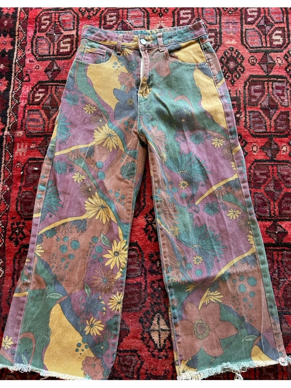 Vintage Psychedelic Floral Wide Leg Jeans Multi Colored Hippie Boho Festival S/M - Picture 9 of 15